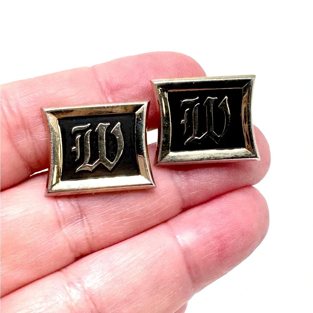 Vintage Hickok Black and Goldtone 'W' Monogram Cufflinks and Tie Clip Set